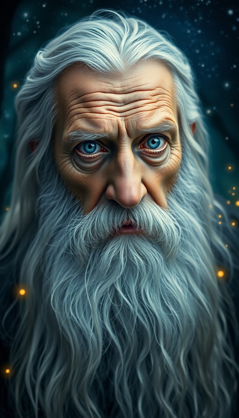 AI generated art for prompt: Craft an ultra-realistic portrait of a weathered yet wise old wizard with serene blue eyes, adorned 