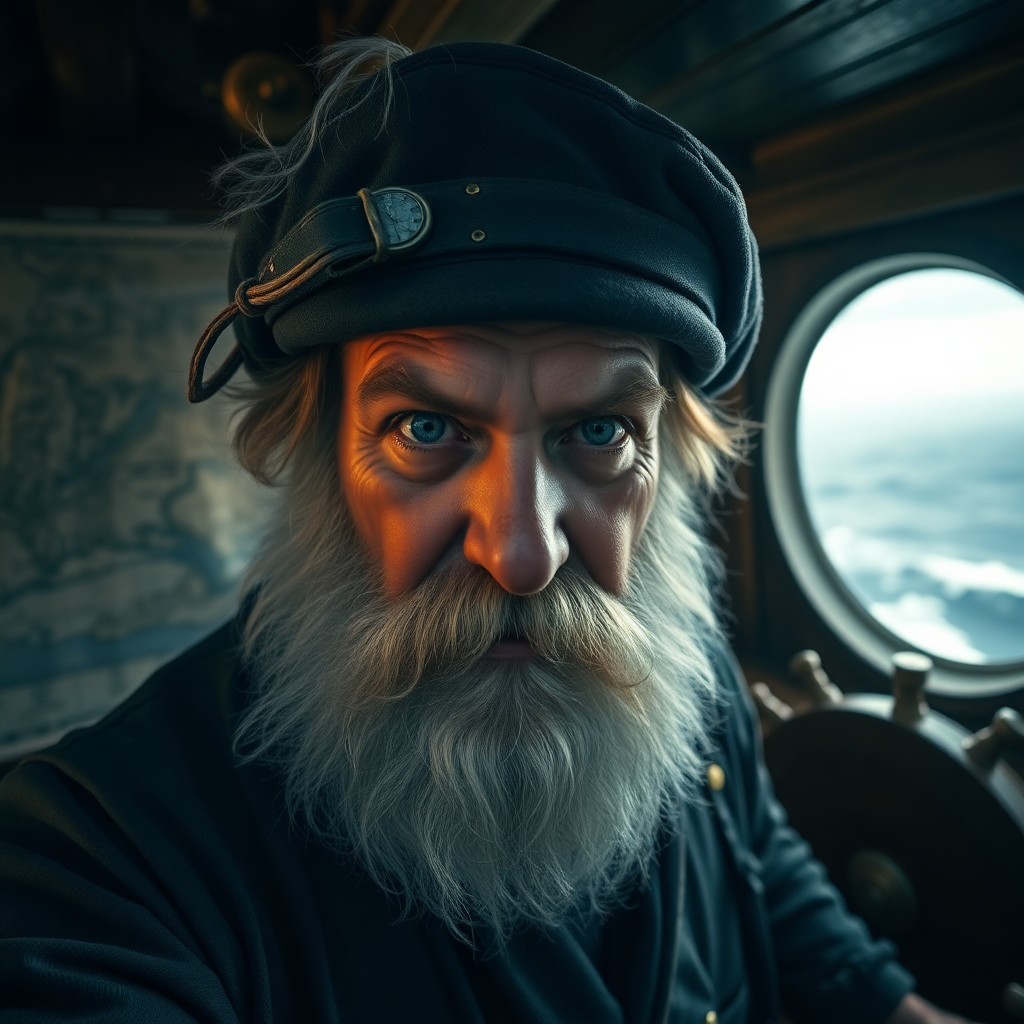 AI generated art for prompt: A photorealistic portrait photograph showcases a seasoned sea captain with a thick white beard and m