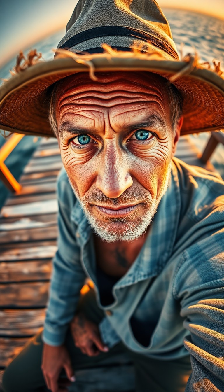 AI generated art for prompt: Envision a photorealistic portrait photograph of a weathered fisherman with sun-kissed skin and pier