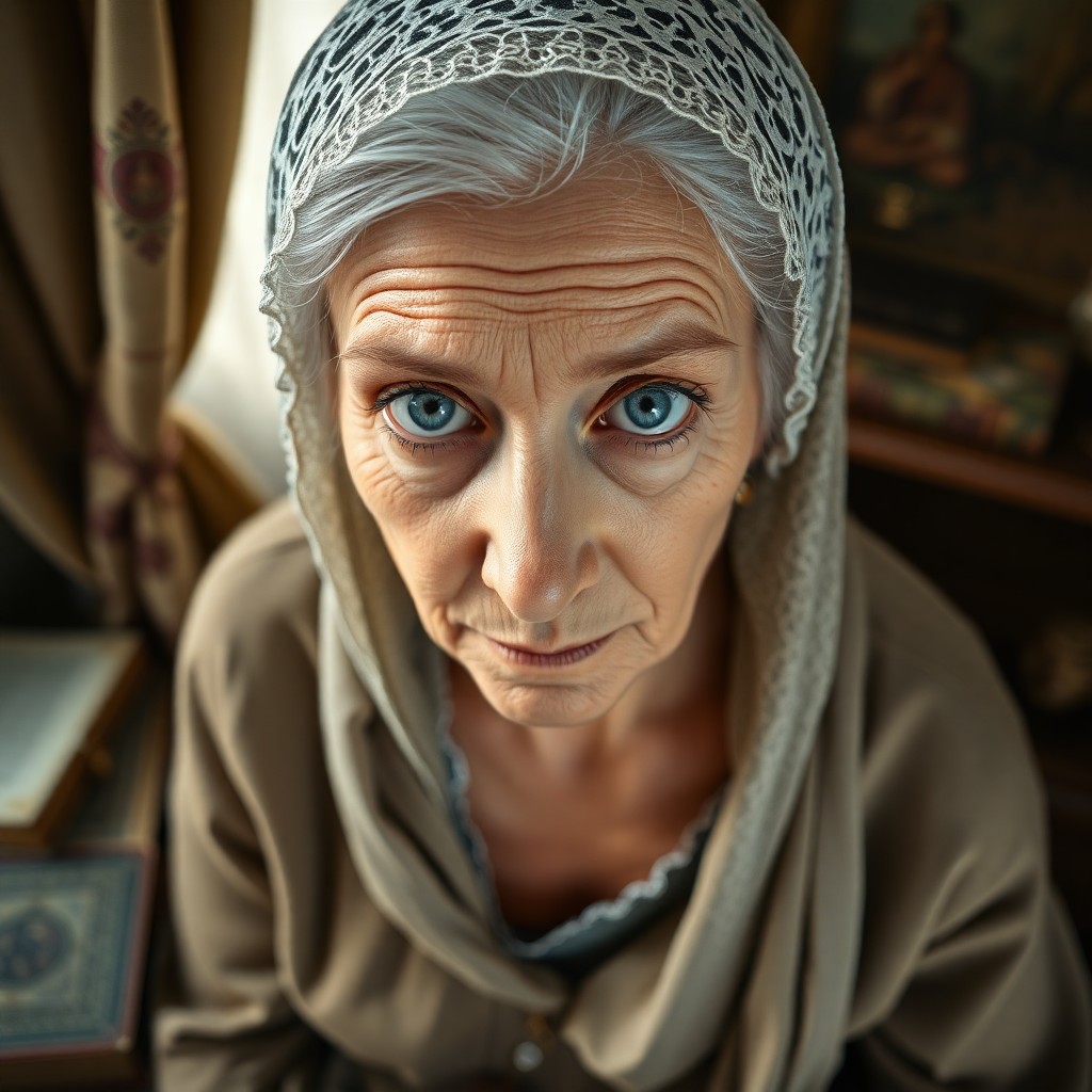 AI generated art for prompt: An ultra-realistic portrait showcases an older Southern European woman with serene introspection. He