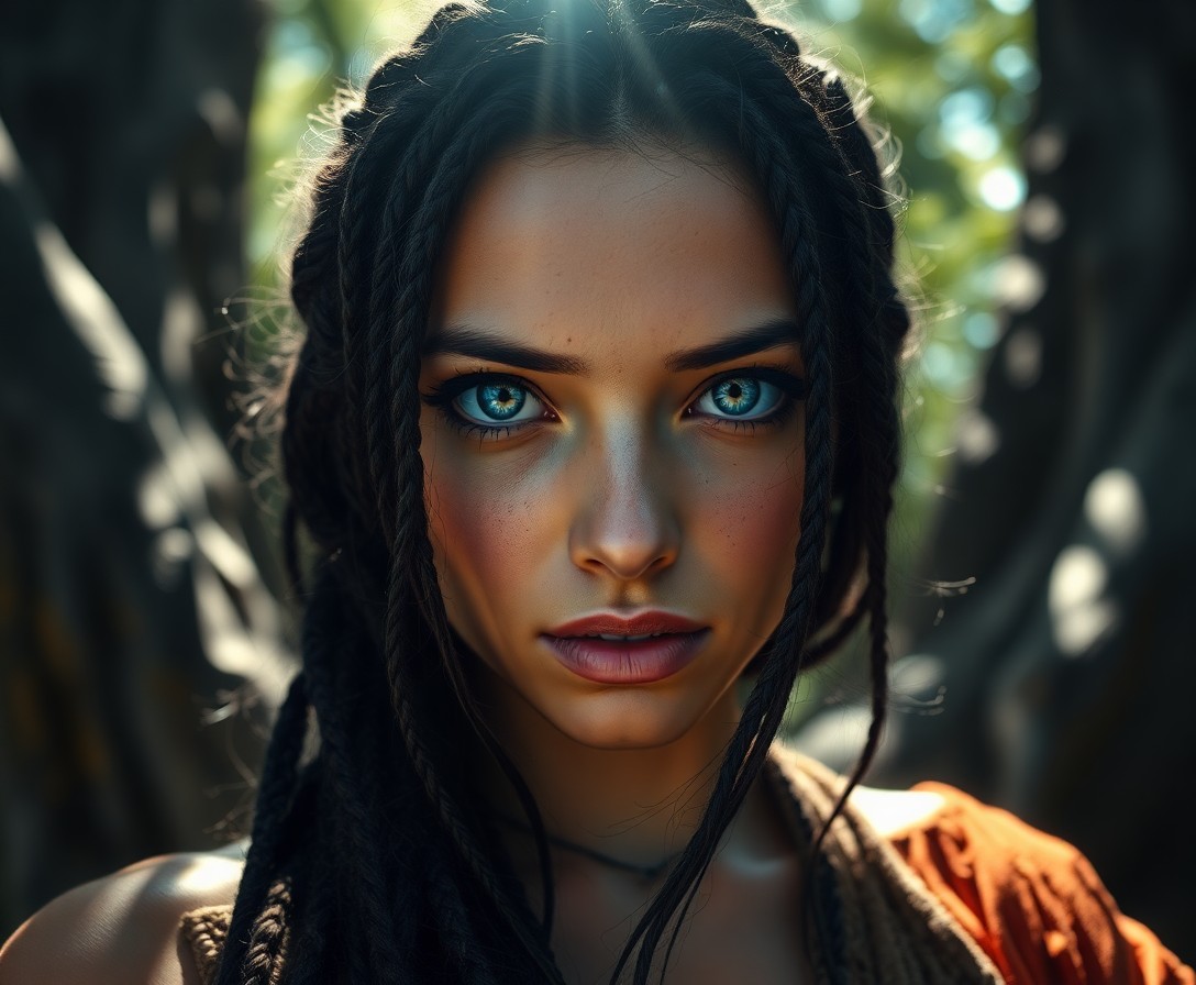 AI generated art for prompt: Imagine a photorealistic portrait of an enchanting Southern European woman with captivating blue eye