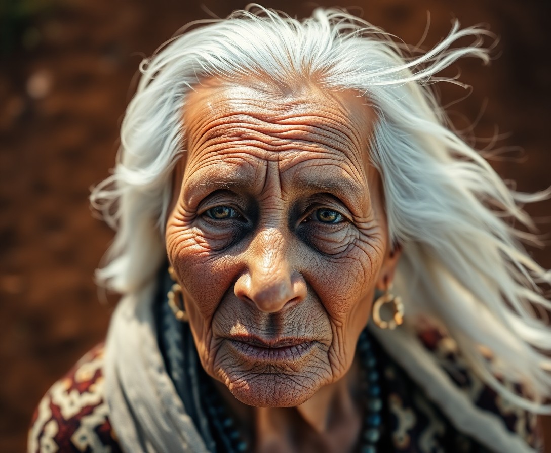 AI generated art for prompt: Craft a photorealistic portrait of an elderly Aboriginal woman exuding deep wisdom from her eyes and