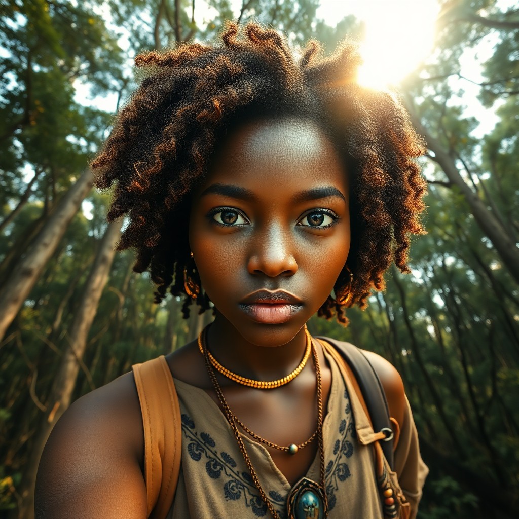 AI generated art for prompt: A super-realistic portrait presents an enigmatic African female explorer from a 'bug's eye view', se