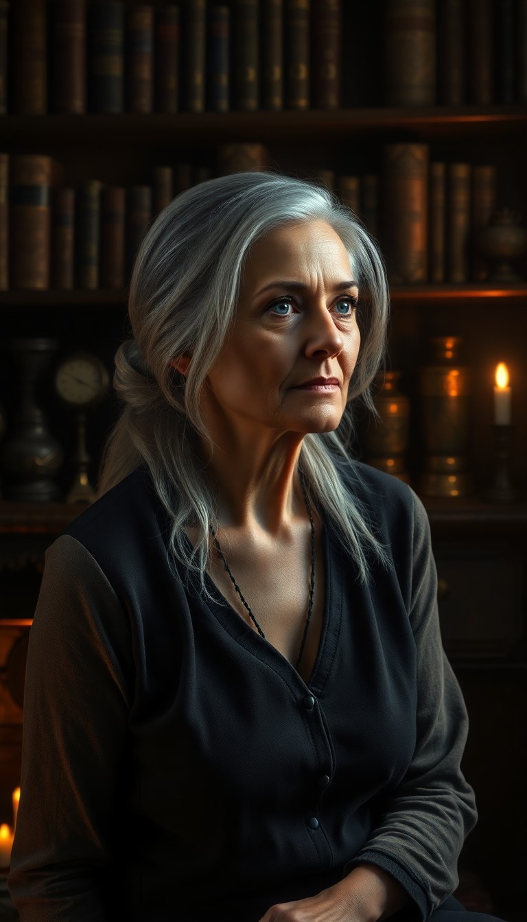 AI generated art for prompt: Craft a hyperrealistic portrait of a middle-aged Hispanic woman with weathered skin, warm blue eyes,