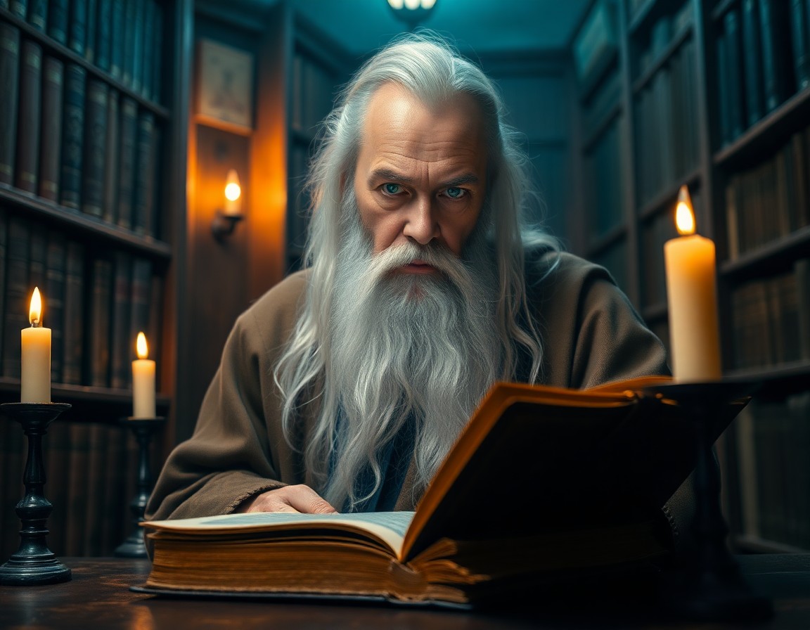 AI generated art for prompt: A portrait photograph depicts an elderly wizard seated amidst a dimly lit library, his serene green 