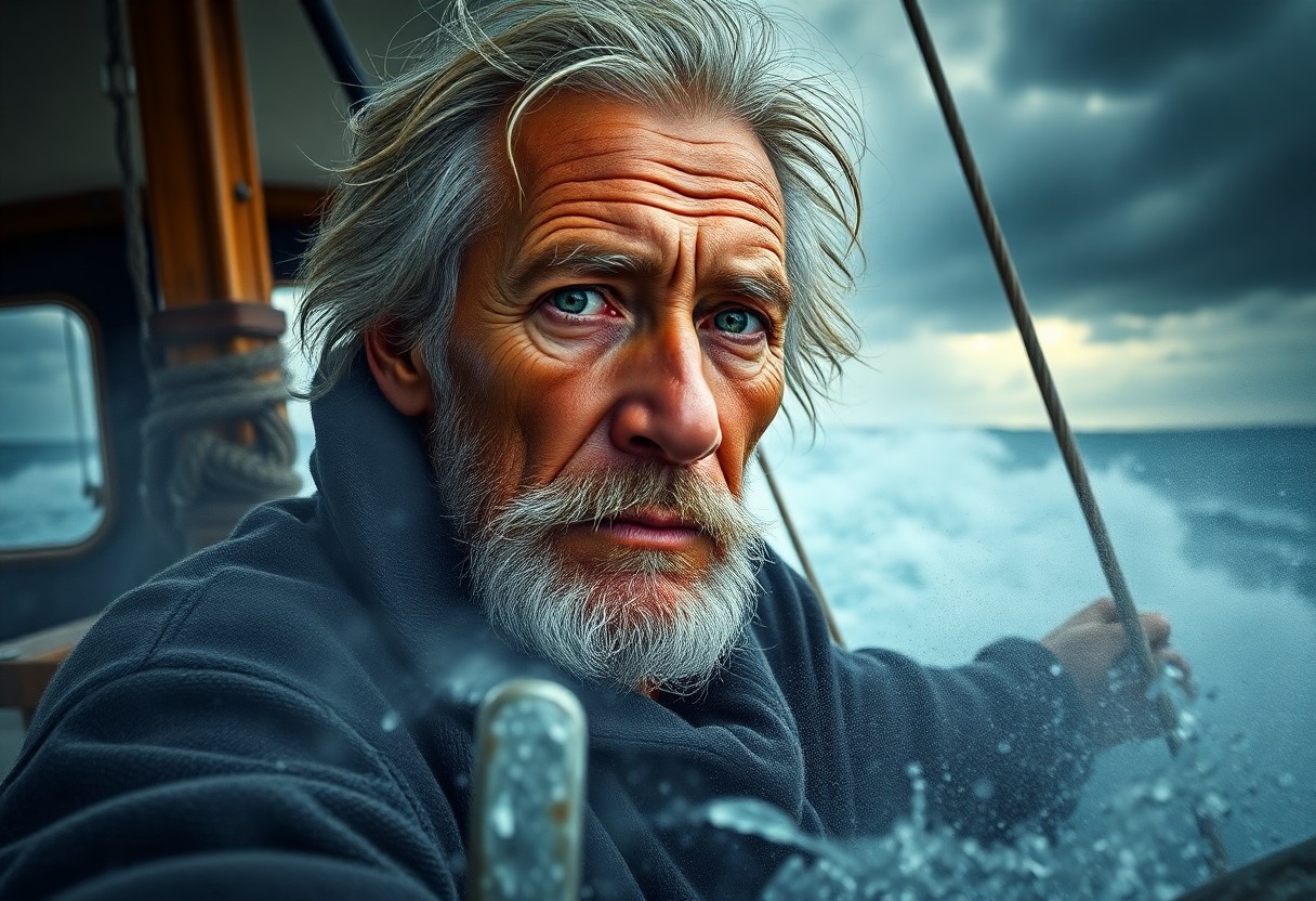 AI generated art for prompt: Craft a photorealistic portrait of an aged sailor with sun-kissed skin and soft green eyes, their sa