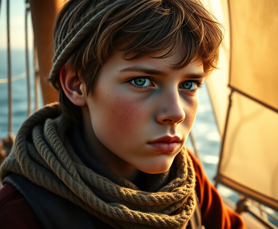 AI generated art for prompt: Craft a hyper-realistic portrait photograph of an enduring boy with rugged features and deep sea-gre