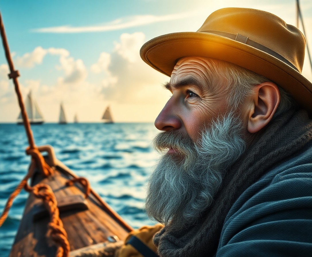 AI generated art for prompt: Craft a highly realistic portrait of a weathered middle-aged fisherman with sun-etched lines and a t