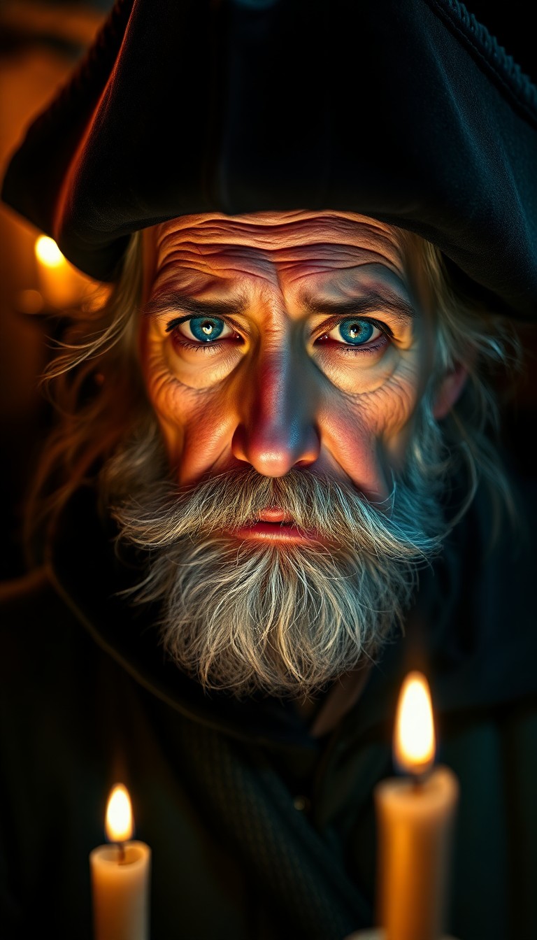 AI generated art for prompt: Imagine a smartphone-captured portrait of an old tavern woman in dim light. Her timid blue eyes, ill