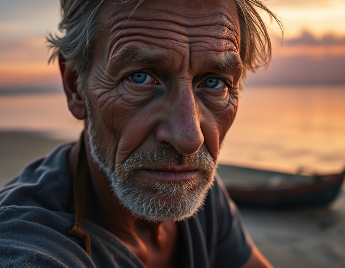 AI generated art for prompt: A photorealistic portrait of a weathered fisherman with sun-etched lines and clouded blue eyes sits 