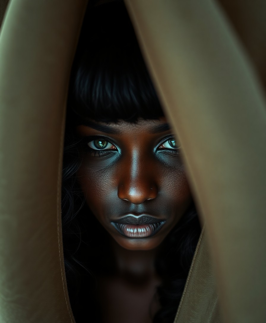 AI generated art for prompt: A captivating portrait photograph reveals an enigmatic Sub-Saharan African woman with porcelain skin