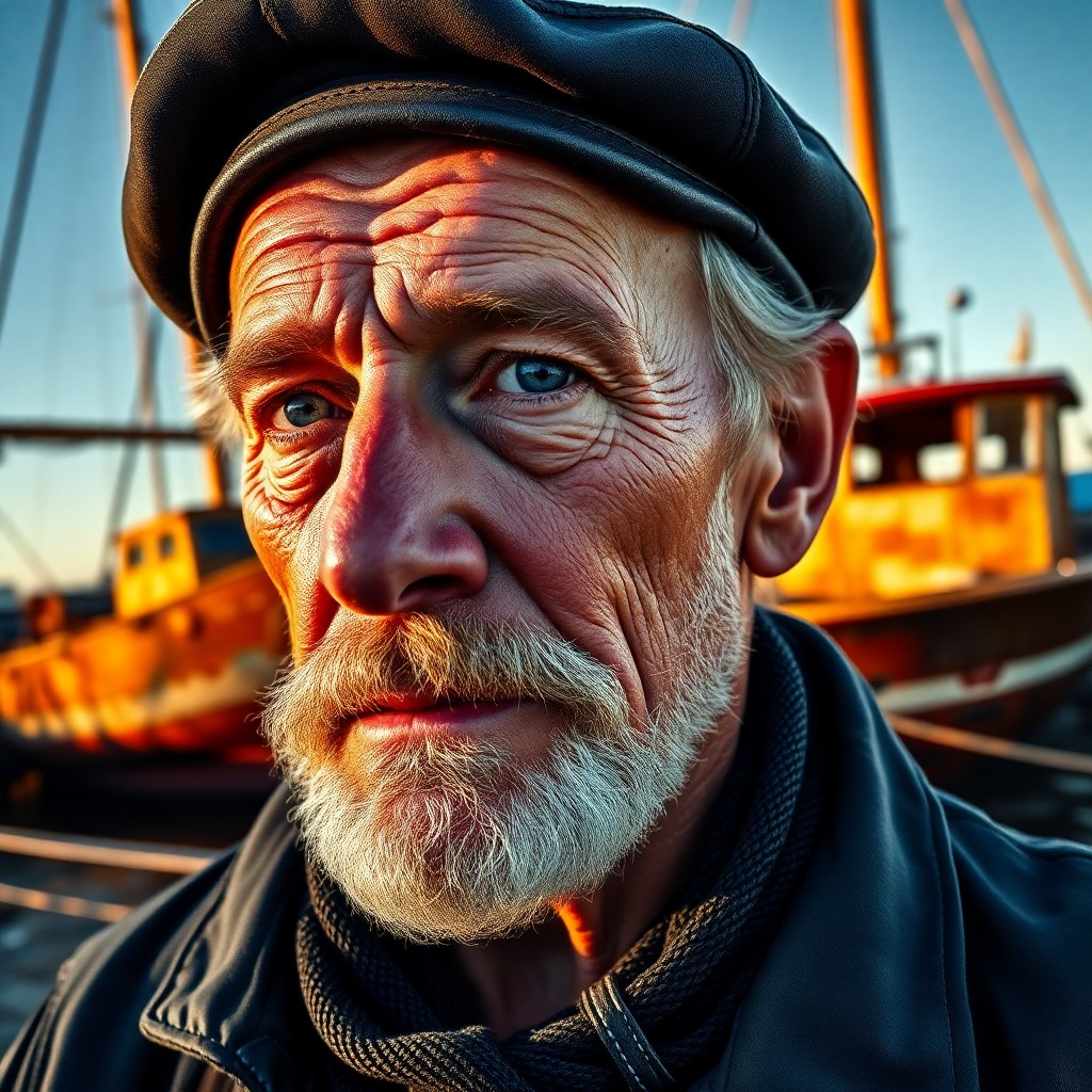 AI generated art for prompt: A hyperrealistic portrait depicts an experienced sailor in his 60s, embodying a life dedicated to th