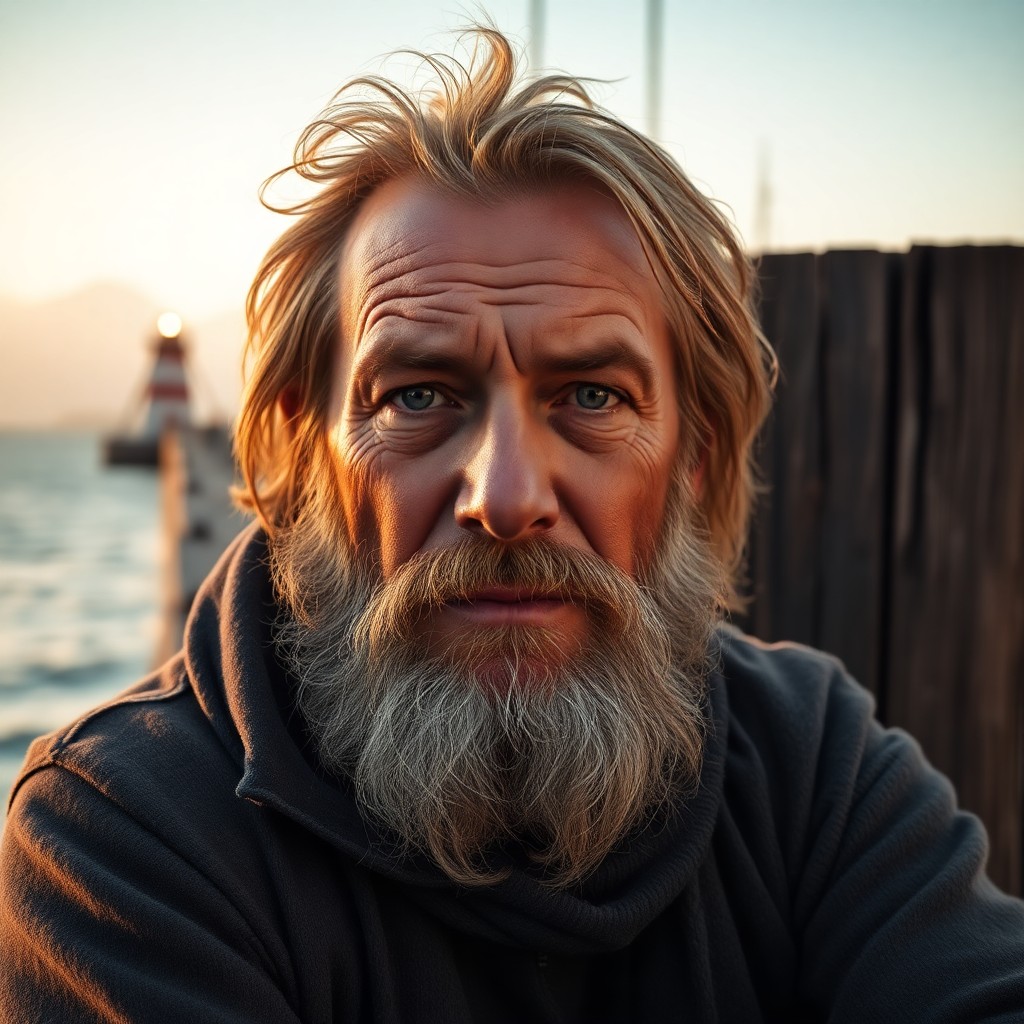 AI generated art for prompt: An ultra-realistic portrait depicts a weathered fisherman with gentle yet rugged features, his eyes 