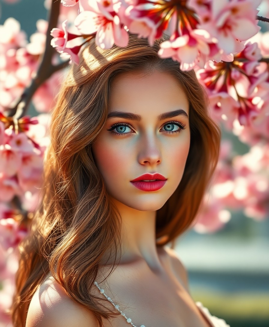 AI generated art for prompt: Craft a hyper-realistic portrait of a young Western European woman with shy blue eyes, wavy chestnut