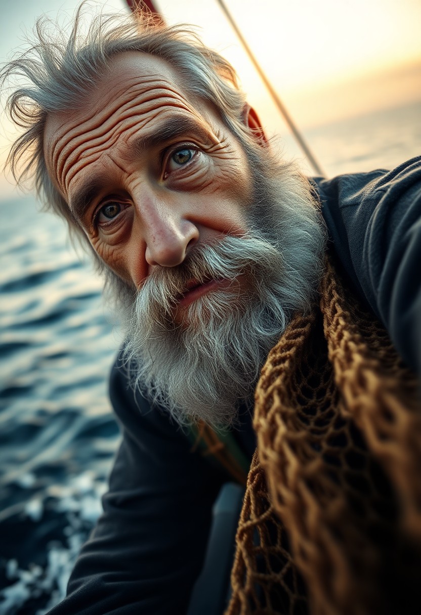 AI generated art for prompt: Aged fisherman with a thick beard and sun-wrinkled eyes leans over his boat's edge in a bug's-eye vi