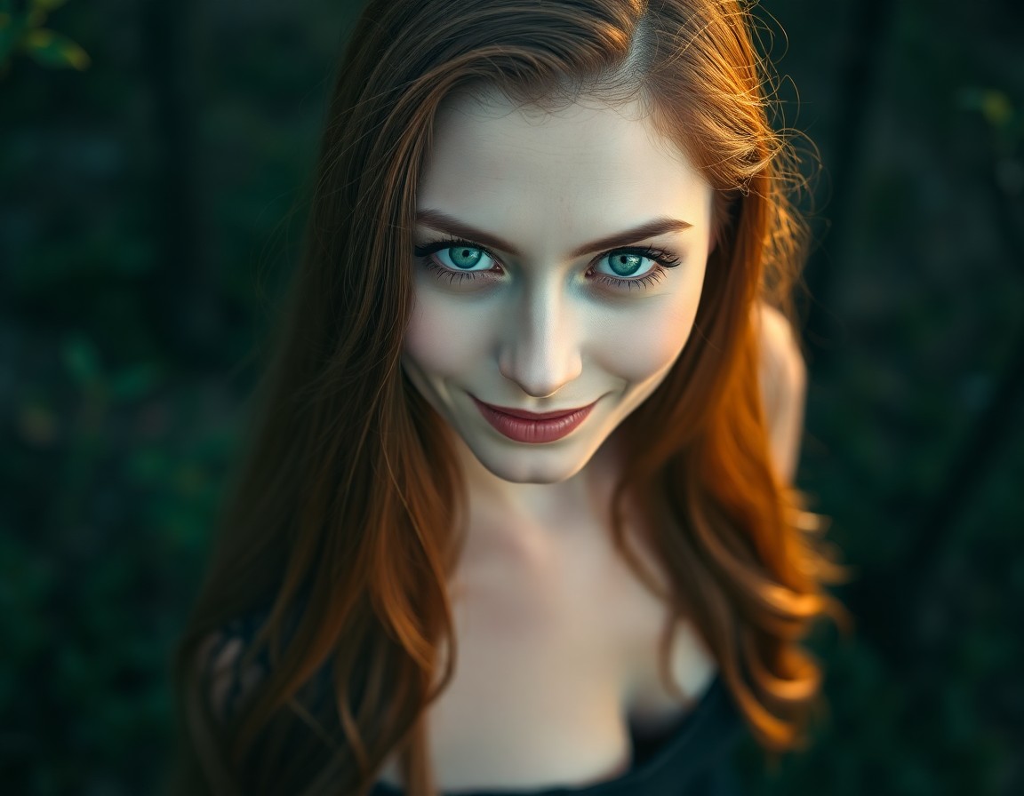 AI generated art for prompt: A highly detailed portrait photograph presents an enigmatic woman with captivating emerald eyes and 