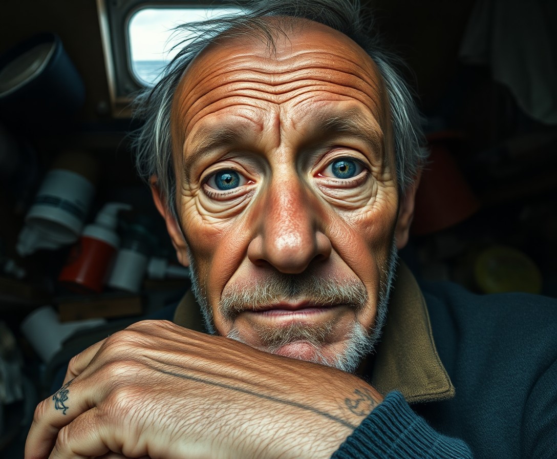 AI generated art for prompt: A close-up portrait captures the weathered face of a fisherman, his eyes and rugged features telling