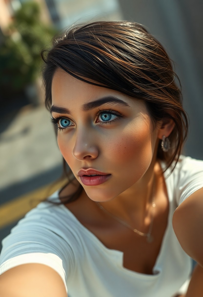 AI generated art for prompt: Craft a hyperrealistic portrait of a young Hispanic woman with striking blue eyes gazing pensively i