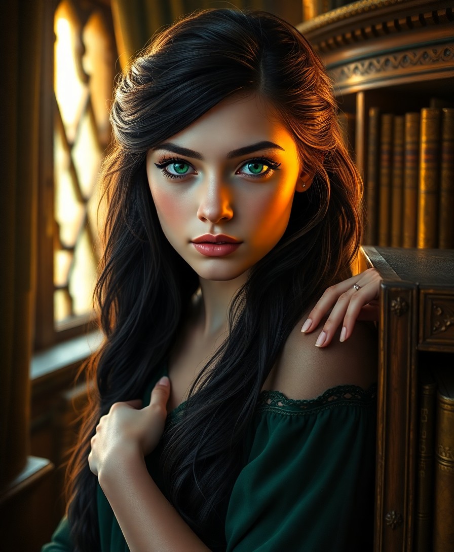 AI generated art for prompt: Mesmerizing portrait of a young Celtic woman with piercing emerald eyes and lustrous raven hair, ill