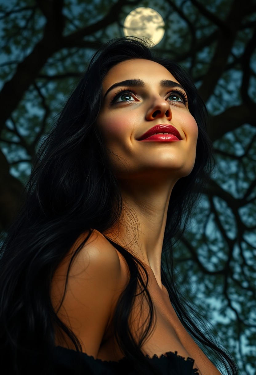 AI generated art for prompt: Create an ultra-realistic portrait of a captivating woman with lustrous raven hair cascading past he