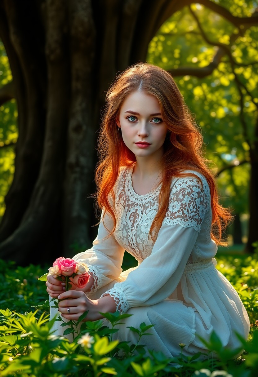 AI generated art for prompt: A super-realistic portrait depicts a young Slavic woman with distant green eyes and flowing red hair