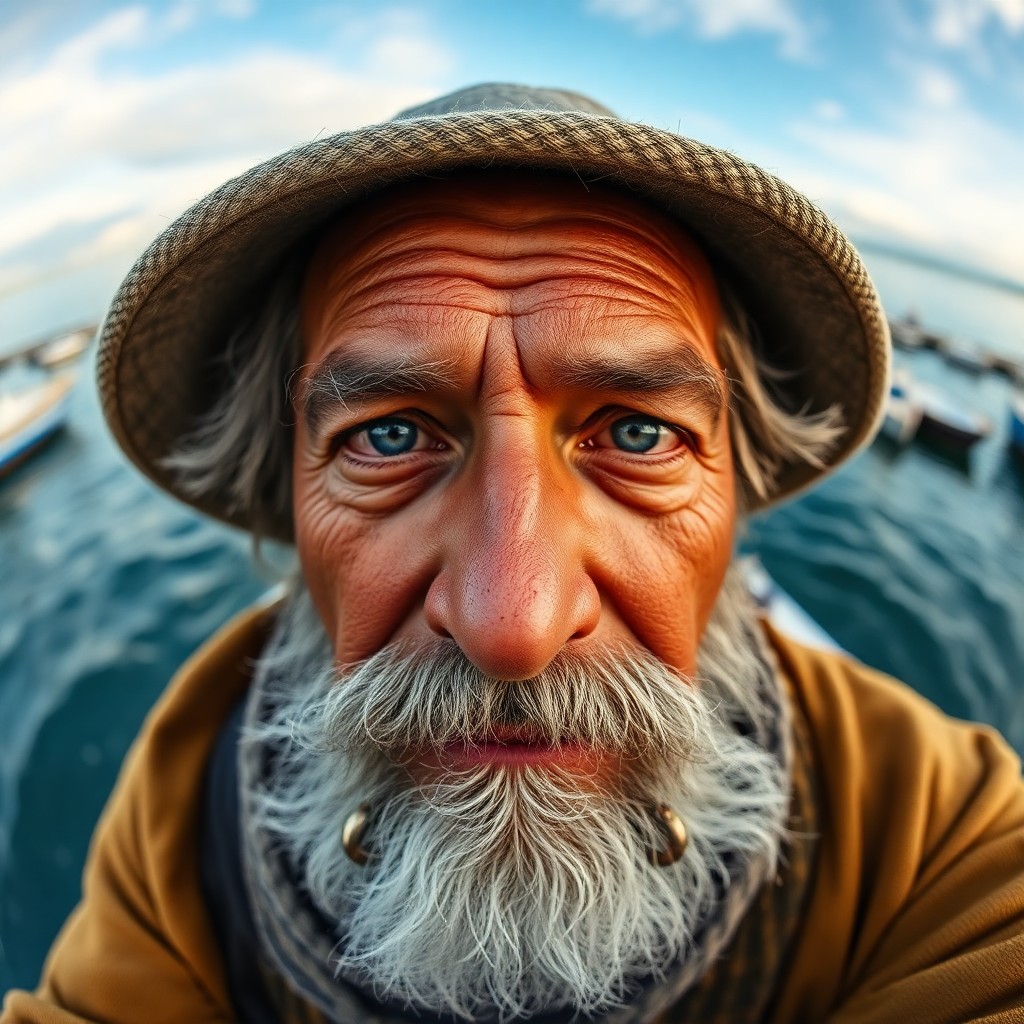 AI generated art for prompt: Craft a photorealistic portrait of a weathered middle-aged fisherman with serene blue eyes and rugge