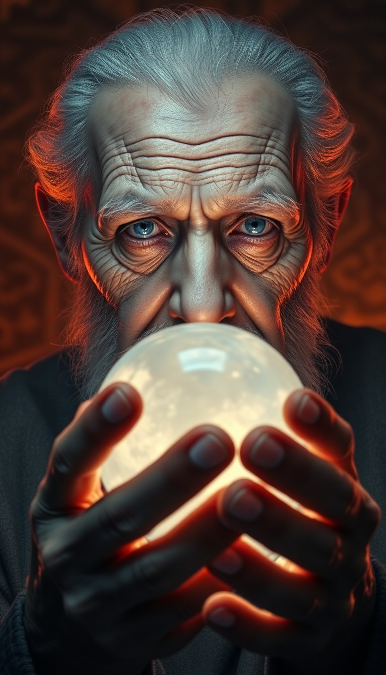 AI generated art for prompt: Render a photorealistic portrait of an ancient seer with serene blue eyes and weathered wrinkles, il