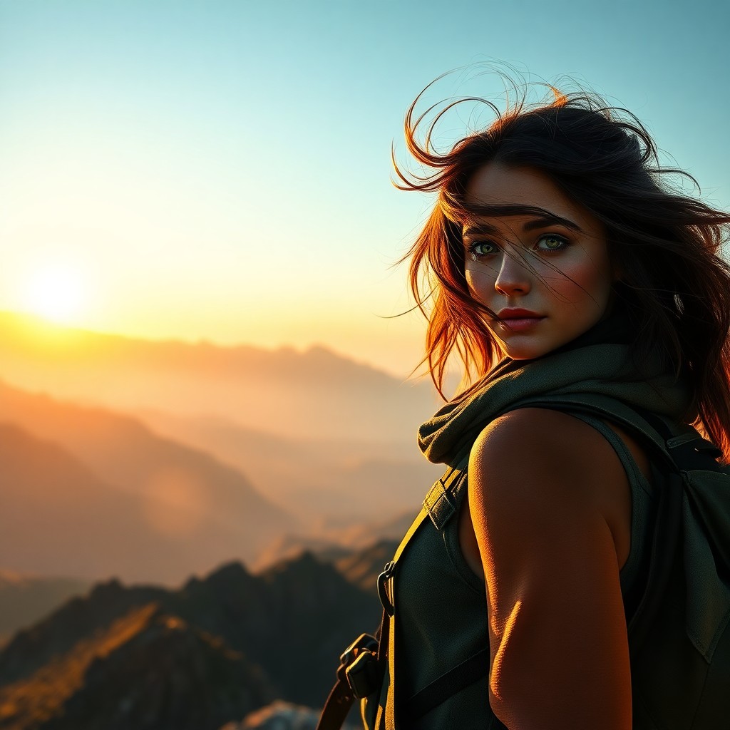 AI generated art for prompt: Craft a photorealistic portrait of an enigmatic female explorer with sun-kissed skin and windswept h