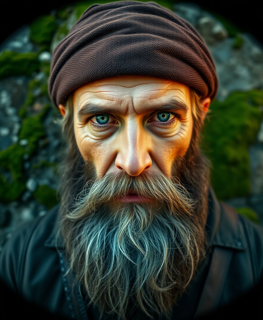 AI generated art for prompt: Craft a photorealistic portrait of an enigmatic explorer, his piercing emerald eyes and rugged featu