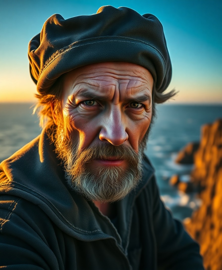 AI generated art for prompt: A highly detailed photorealistic portrait photograph showcases a weathered sea captain, his rugged f