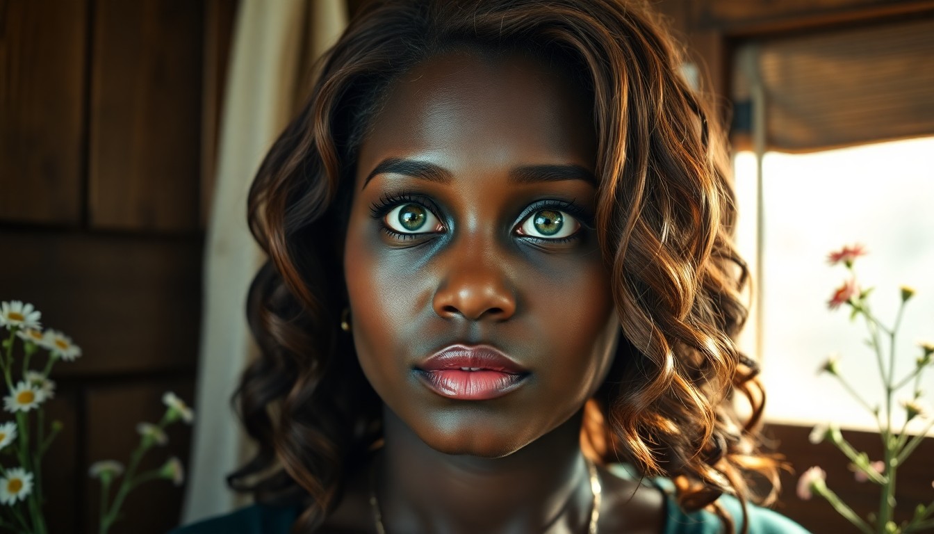 AI generated art for prompt: A captivating photorealistic portrait showcases a 35-year-old Sub-Saharan African woman with an oliv