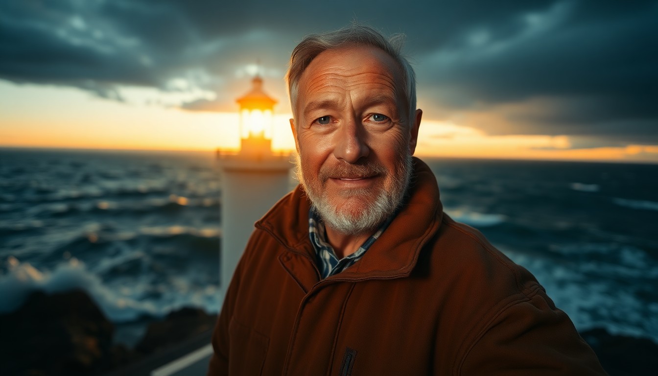 AI generated art for prompt: An experienced lighthouse keeper stands silhouetted against a stormy sea at dusk, his weathered face