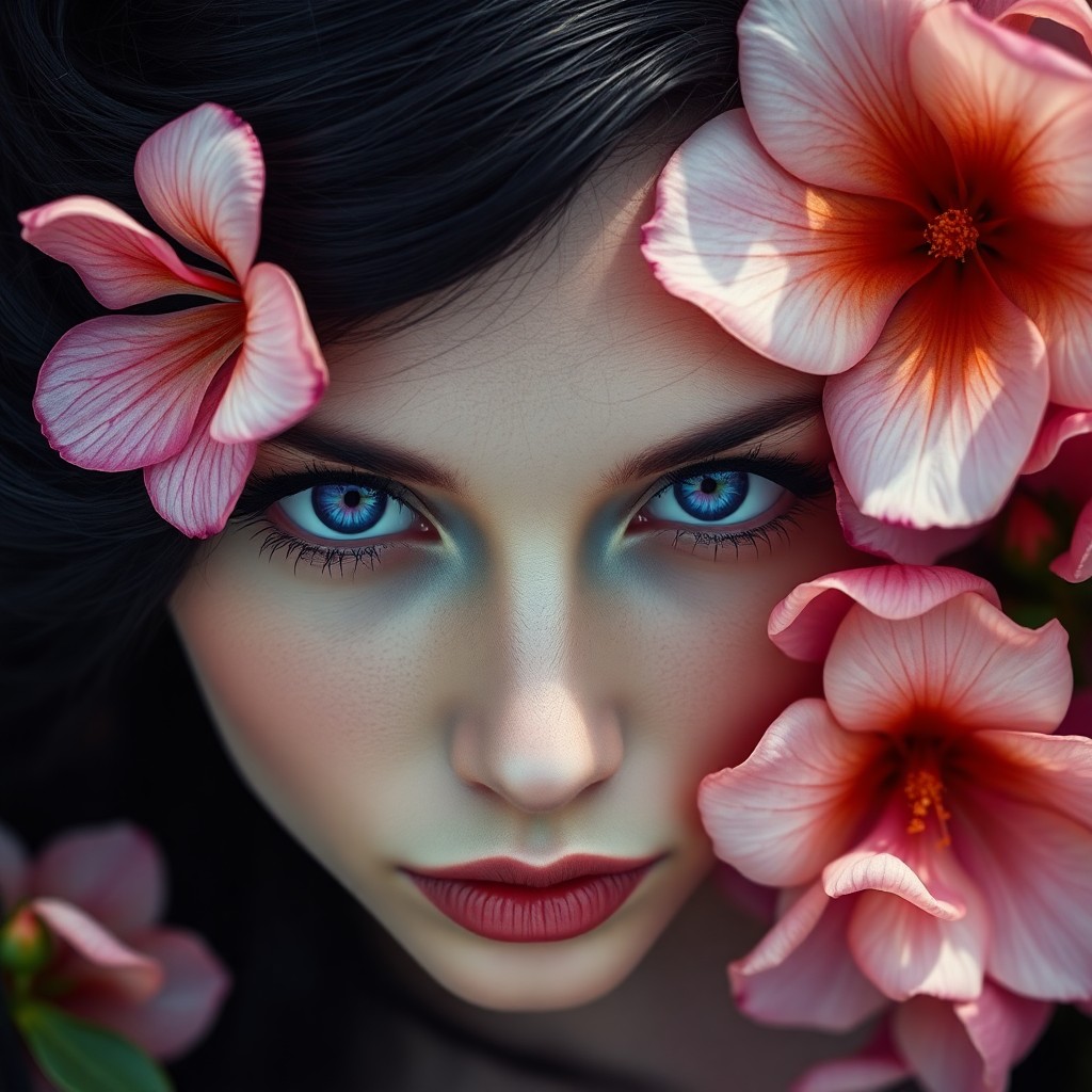 AI generated art for prompt: Step into a surreal portrait of an enigmatic Mediterranean woman with captivating violet eyes and fl