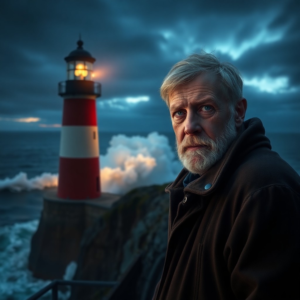 AI generated art for prompt: A photorealistic portrait captures an aged lighthouse keeper with rugged features; his wistful blue 