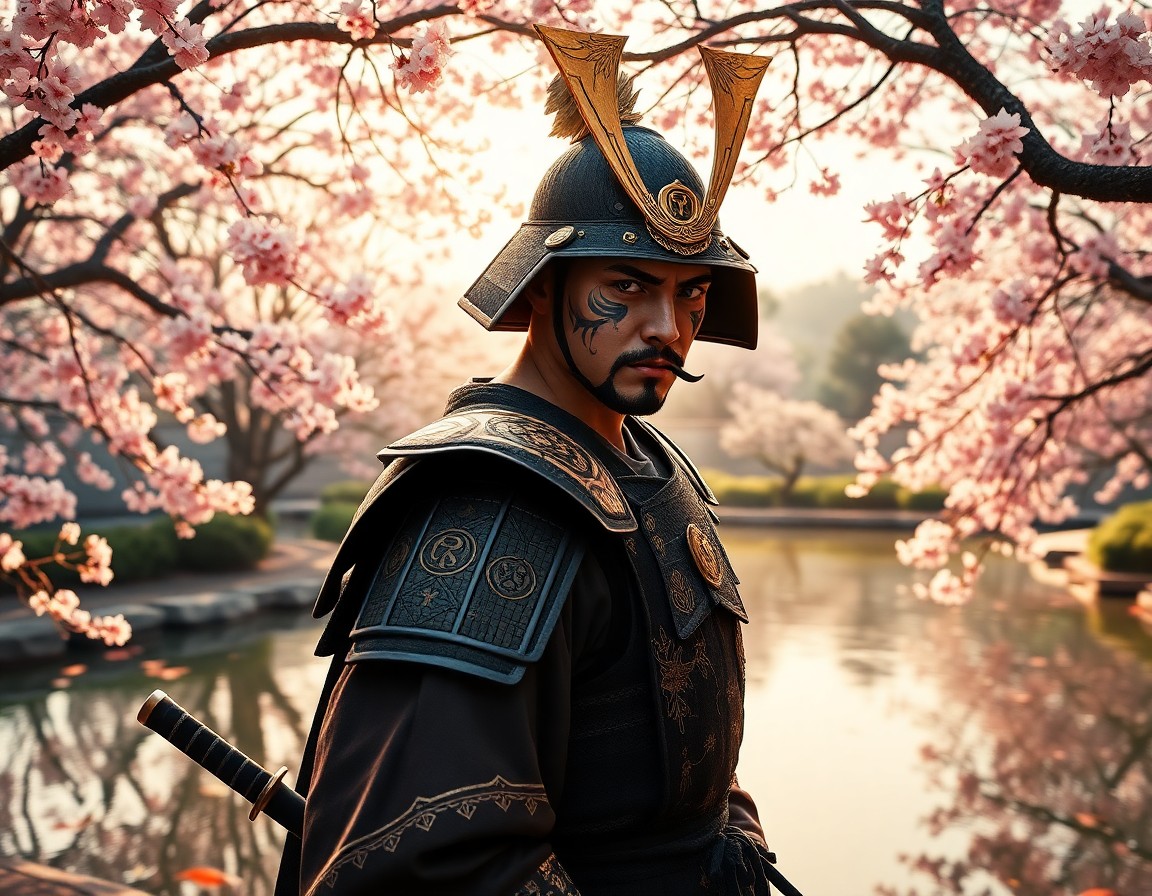 AI generated art for prompt: A hyperrealist portrait of a skilled samurai warrior with intricate facial tattoos stands out agains