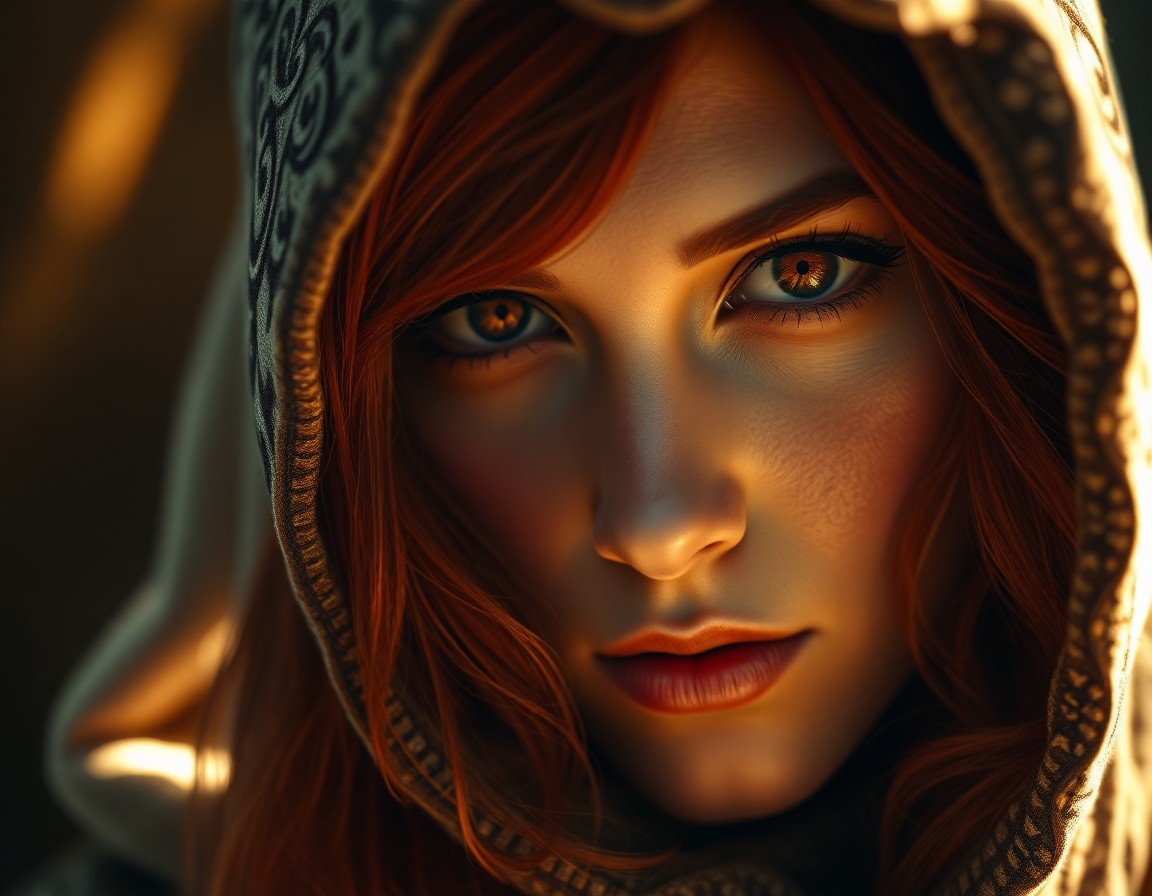 AI generated art for prompt: Create a captivating photorealistic portrait of an enchanter with deep amber eyes and lush auburn ha