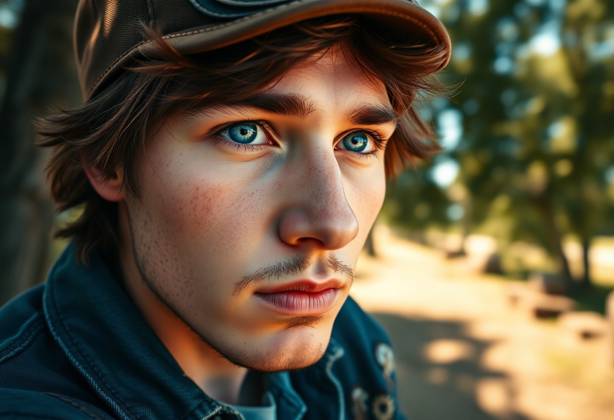 AI generated art for prompt: Craft an intimate close-up portrait of a young Native American man with serene blue eyes and tousled