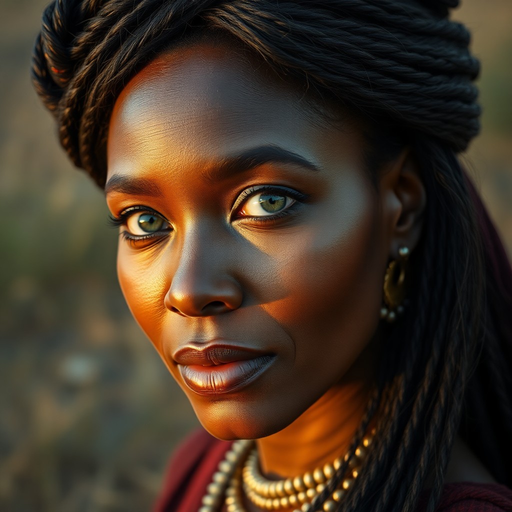 AI generated art for prompt: Craft a photorealistic portrait of an enigmatic Sub-Saharan African woman in her forties, showcasing