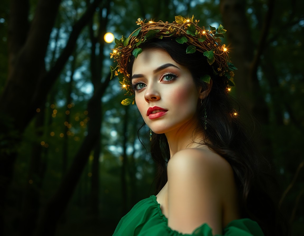 AI generated art for prompt: In a moonlit forest's serene tranquility, portray an enigmatic enchantress with porcelain skin illum