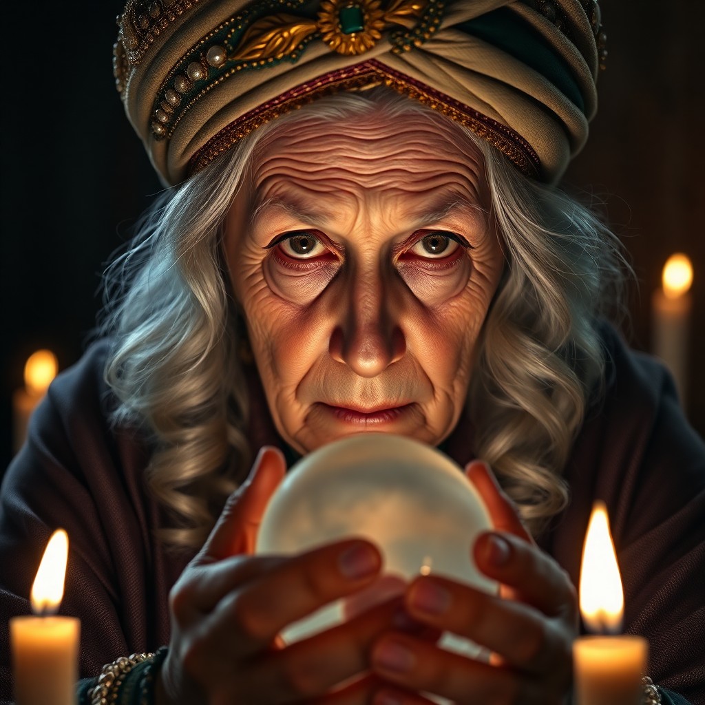 AI generated art for prompt: Photograph a photorealistic portrait of an elderly fortune teller with pronounced wrinkles around he