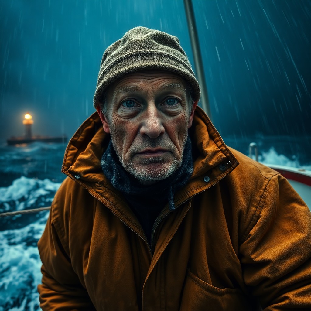 AI generated art for prompt: A photorealistic portrait depicts an aged middle-aged fisherman with sun-wrinkled eyes and skin weat