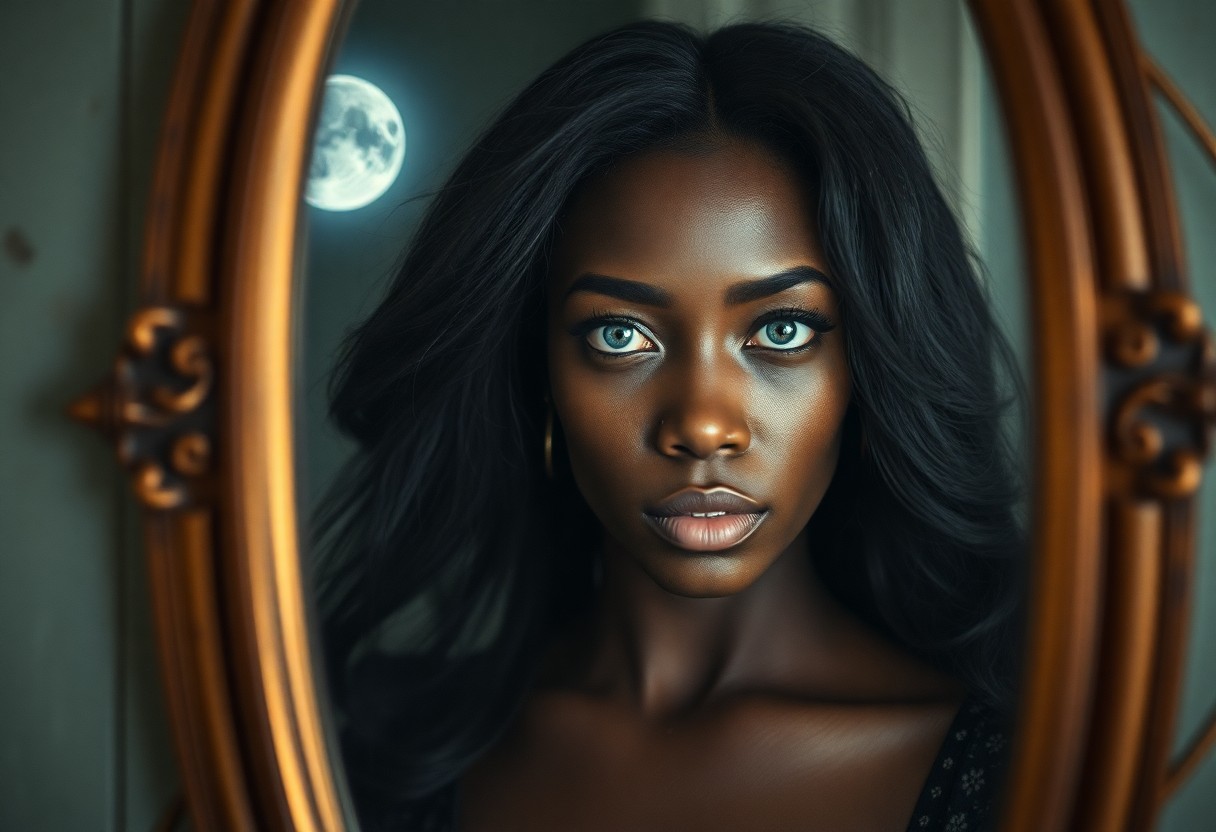 AI generated art for prompt: A film camera captures an ageless African woman's enigmatic portrait, her piercing azure eyes and fl