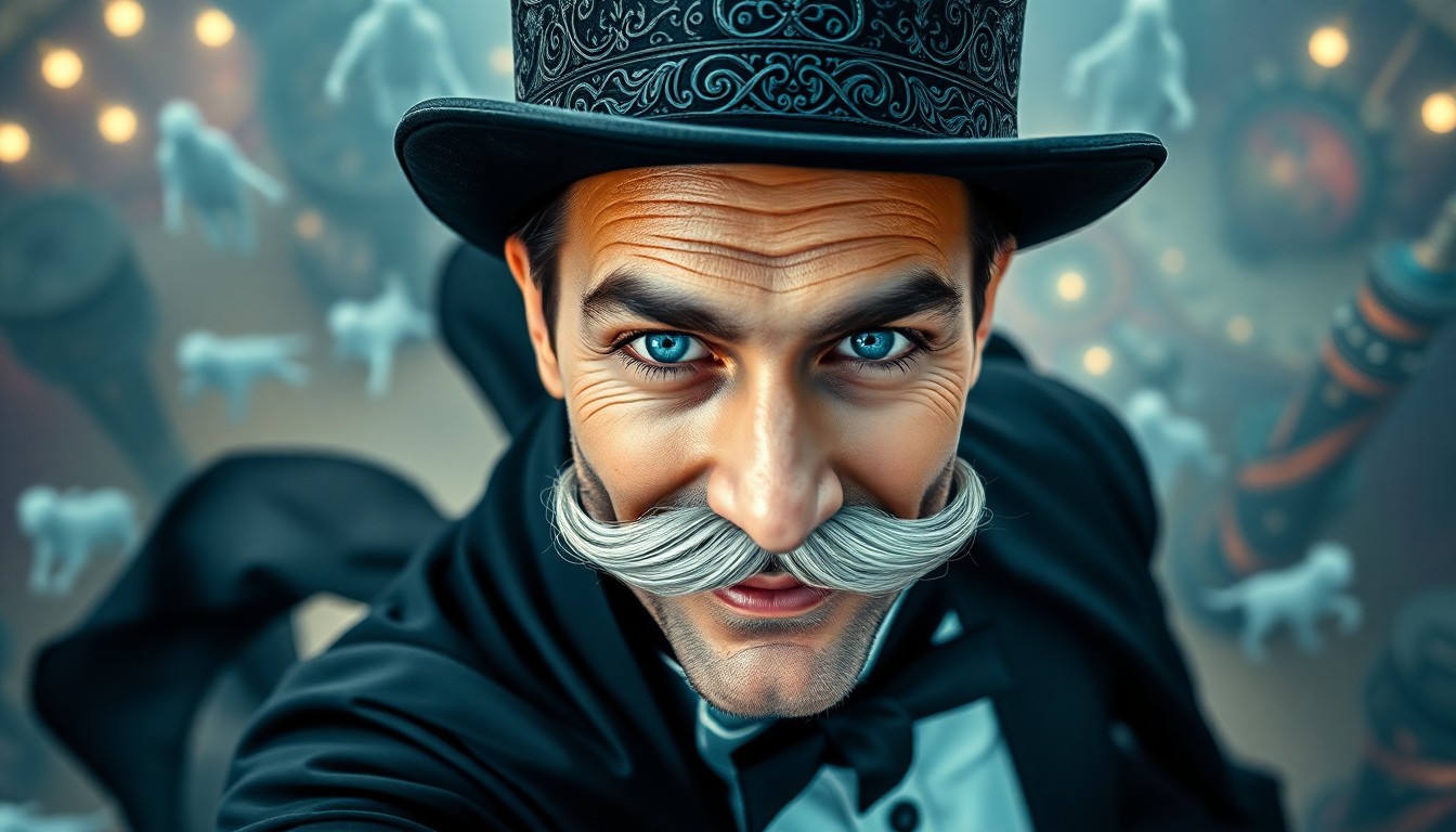 AI generated art for prompt: Photograph a charismatic illusionist with piercing blue eyes and a full silver mustache from an aeri