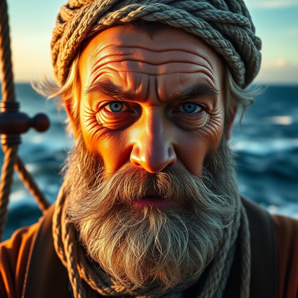 AI generated art for prompt: Craft a photorealistic portrait of a resilient sea captain, his weathered visage bearing witness to 