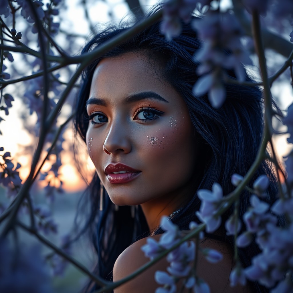 AI generated art for prompt: Envision a captivating hyperrealistic portrait of a Micronesian woman with shimmering indigo hair an