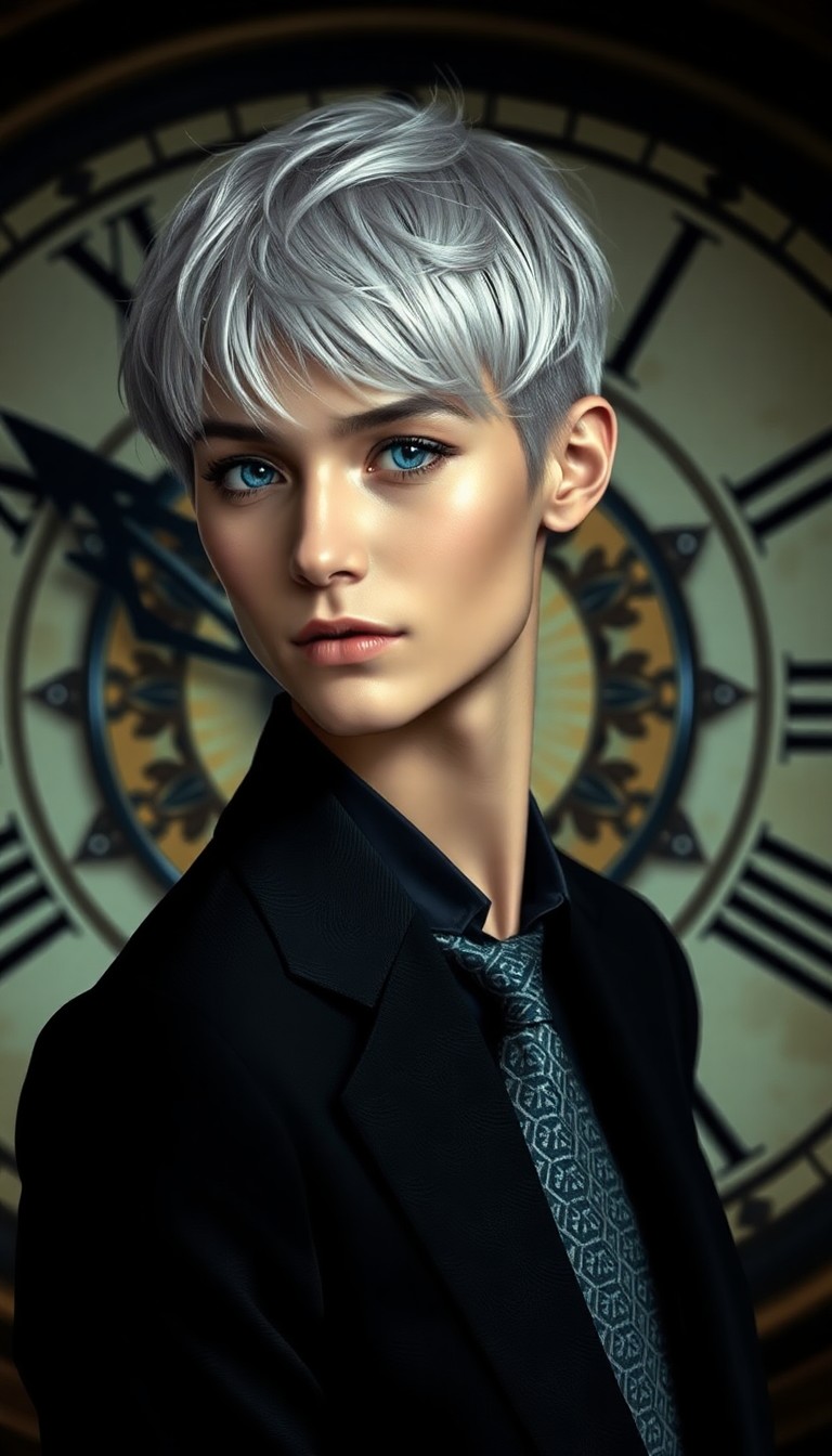 AI generated art for prompt: A photorealistic portrait showcases an alluring figure with warm blue eyes and short silver hair, ca