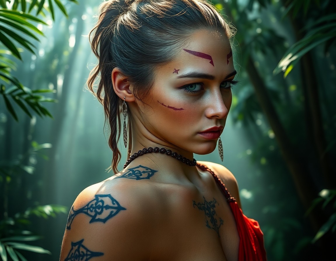 AI generated art for prompt: Envision a captivating portrait of a fierce yet vulnerable Slavic warrior woman, adorned with intric