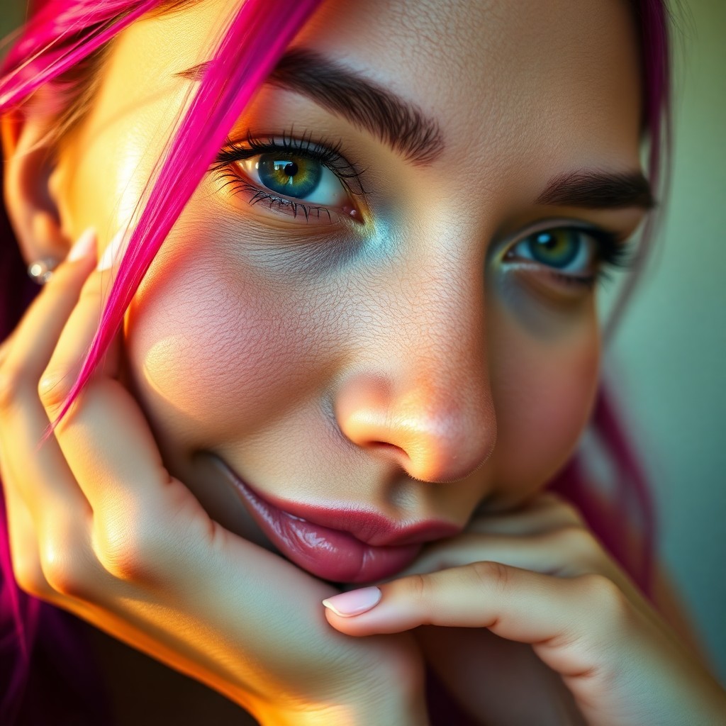 AI generated art for prompt: Create a hyper-realistic close-up portrait of a Latin American woman with vibrant magenta hair and c