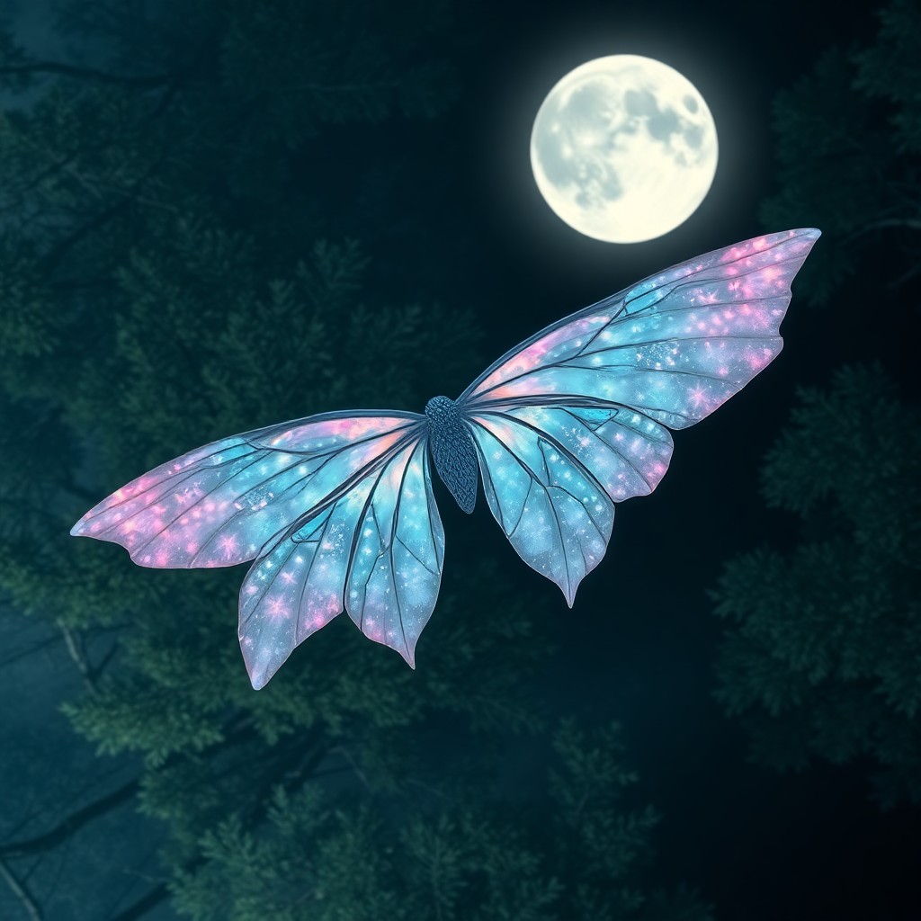 AI generated art for prompt: Craft an image showcasing a celestial being's ethereal grace, with iridescent wings set against a mo