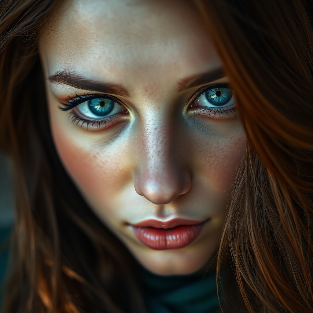 AI generated art for prompt: An intriguing close-up portrait of an enigmatic Middle Eastern woman with piercing blue eyes and cas